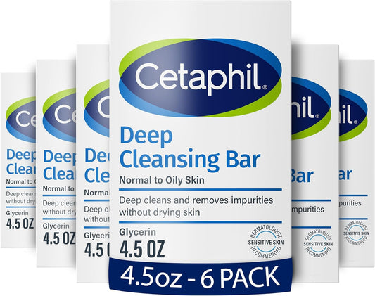 Bar Soap, Deep Cleansing Face and Body Bar, Pack of 6, for Dry to Normal, Sensitive Skin, Soap Free, Hypoallergenic, Paraben Free, Fragrance Free, Removes Makeup, Dirt and Oil
