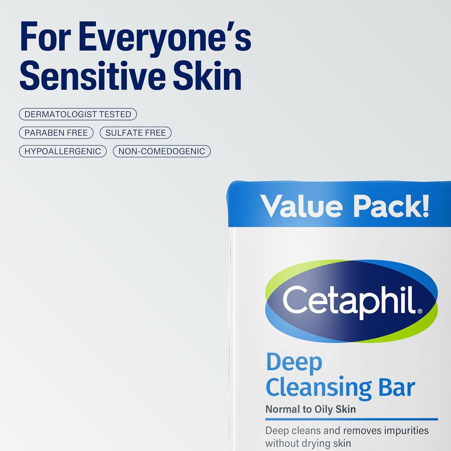Bar Soap, Deep Cleansing Face and Body Bar, Pack of 6, for Dry to Normal, Sensitive Skin, Soap Free, Hypoallergenic, Paraben Free, Fragrance Free, Removes Makeup, Dirt and Oil