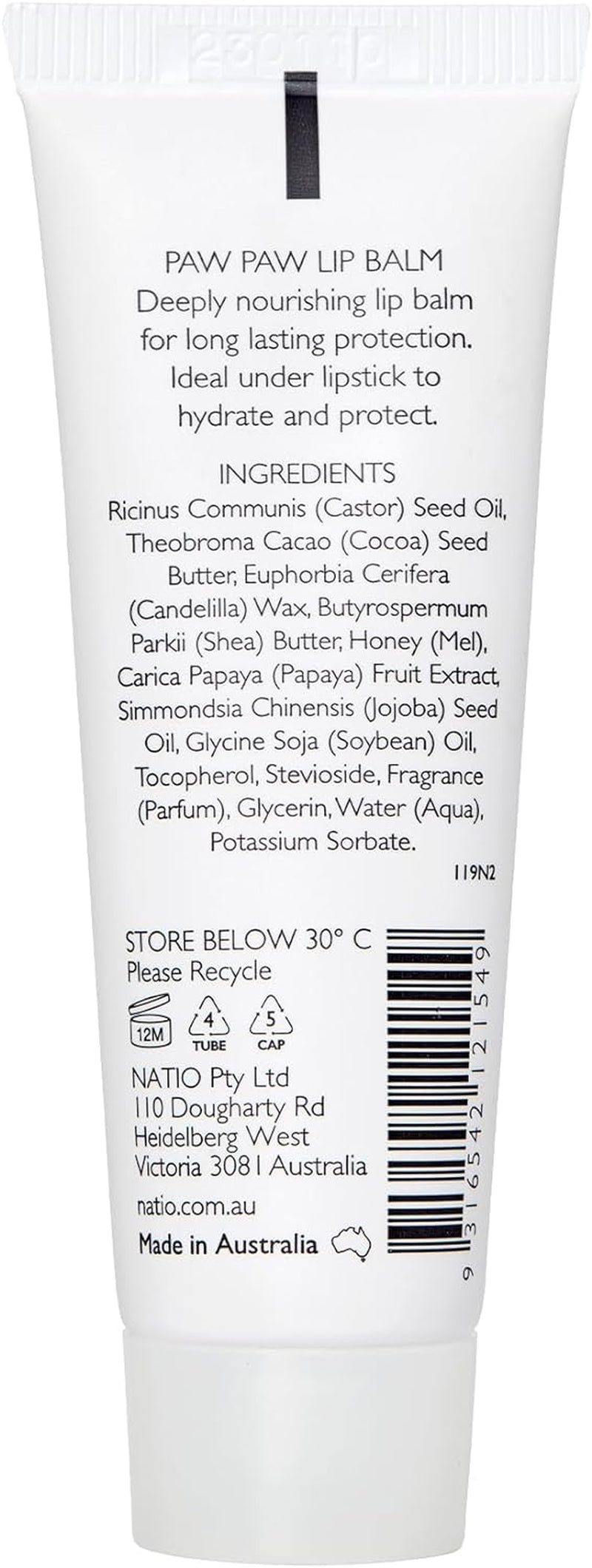 Australia Paw Paw Lip Balm 20Ml - Jojoba Oil, Papaya, Cocoa Butter & Shea Butter - Nourishing Lip Moisturiser for Cracked Lips