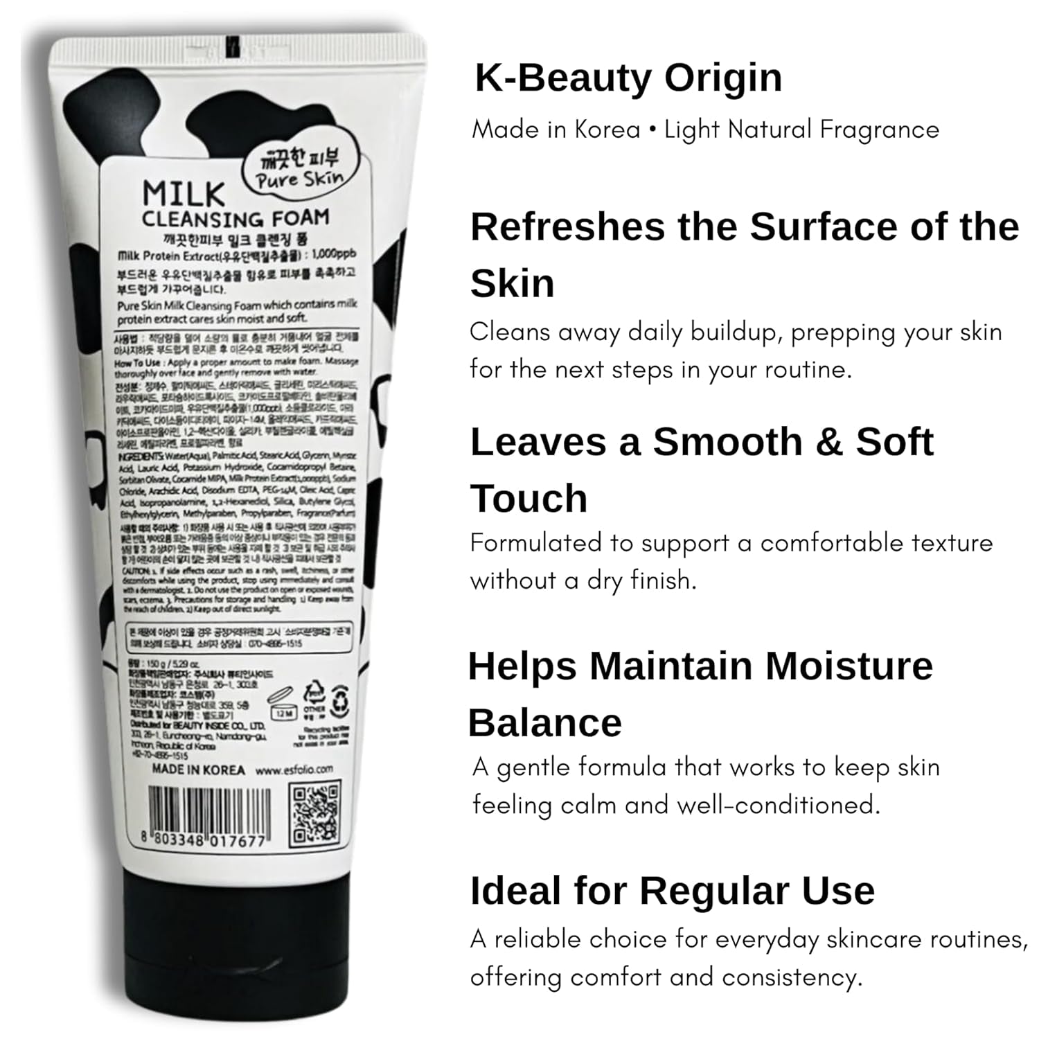 Milk Cleansing Foam – Hydrating Face Wash for All Skin – Korean Skincare Milk Protein for Gentle Deep Cleansing – Moisturizing Facial Cleanser for Soft & Smooth Skin (5.29Oz -150G)