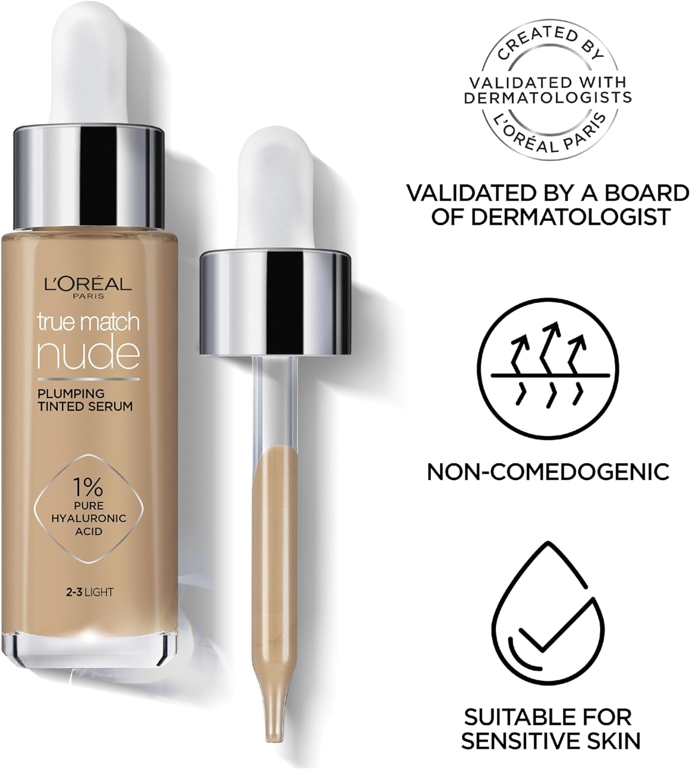 L’Oréal Paris, Serum Foundation, Hydrating & Smoothing, True Match Nude Plumping Serum, 30 Ml, Shade: 2-3 Light
