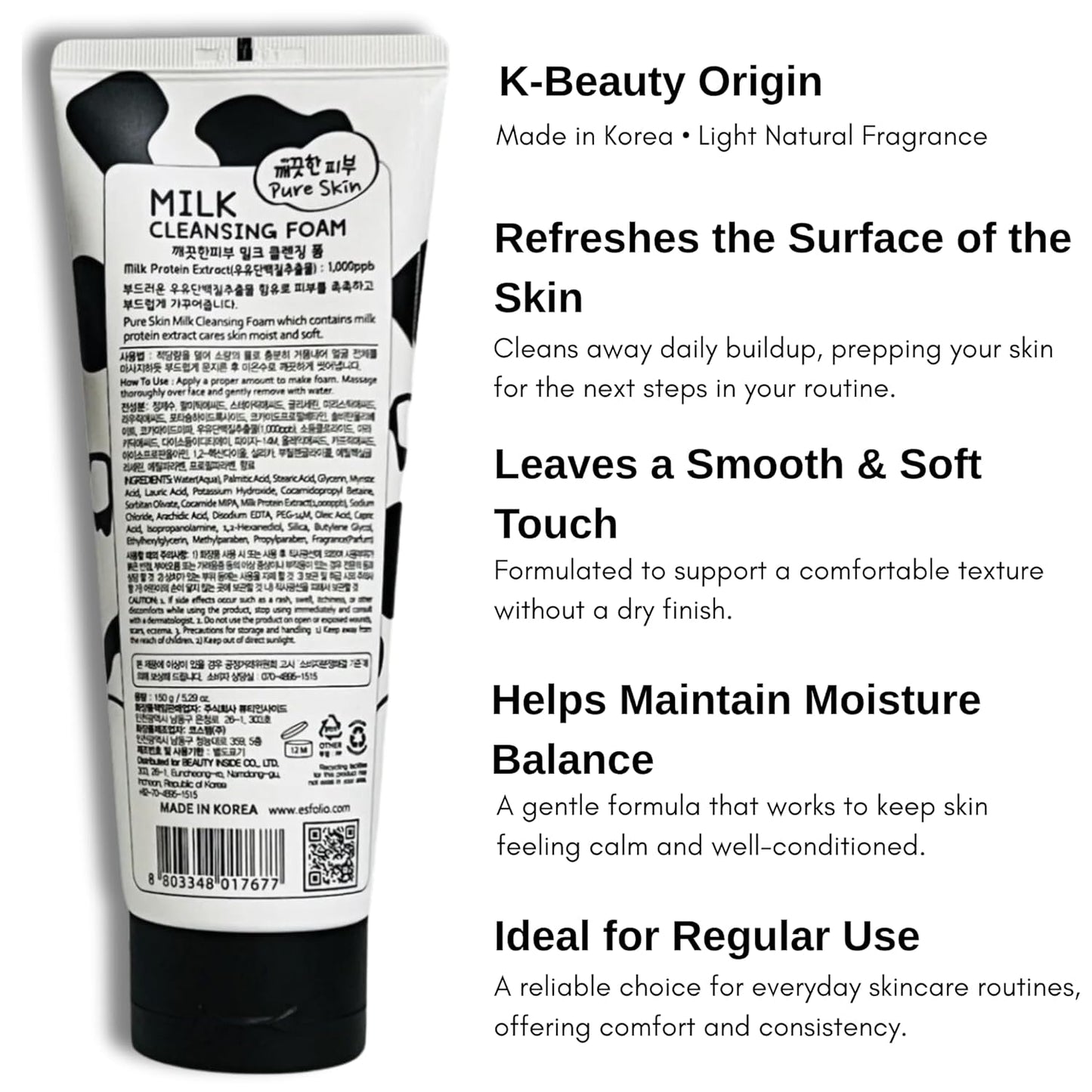 Milk Cleansing Foam – Hydrating Face Wash for All Skin – Korean Skincare Milk Protein for Gentle Deep Cleansing – Moisturizing Facial Cleanser for Soft & Smooth Skin (5.29Oz -150G)